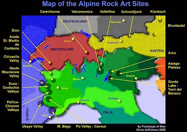 Map of the Alpine rock art most important areas (click to come back to the Footstep of Man page)